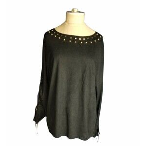 Extelle women's black blouse w/gold accents and lacing on sleeves, size L